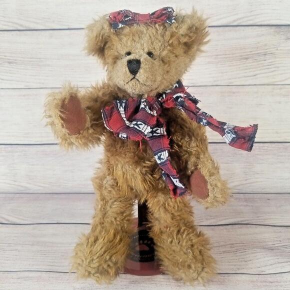 Plush Patriotic Bear 10" Fully Jointed Brown Bear Red Blue White Star Scarf, Bow - Picture 1 of 9